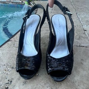 TAHARI SI SENOR Black Sequin Slingback Pump High Heel Peep Toe Sandals 6.5